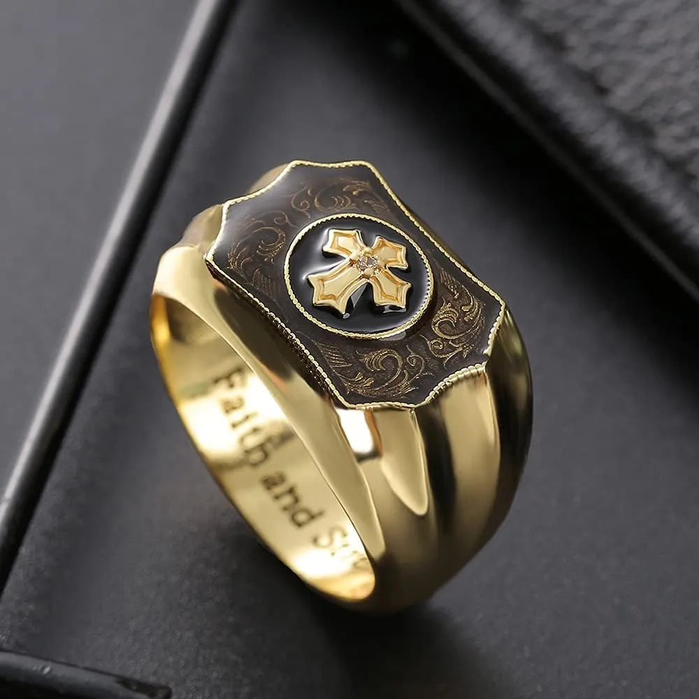 Men's 18K Gold Plated Comfort ring, Faith and Strength Ring Christian Holy Bible Cross Ring Retro Men's Anniversary Jewelry Gifts Birthday Gift