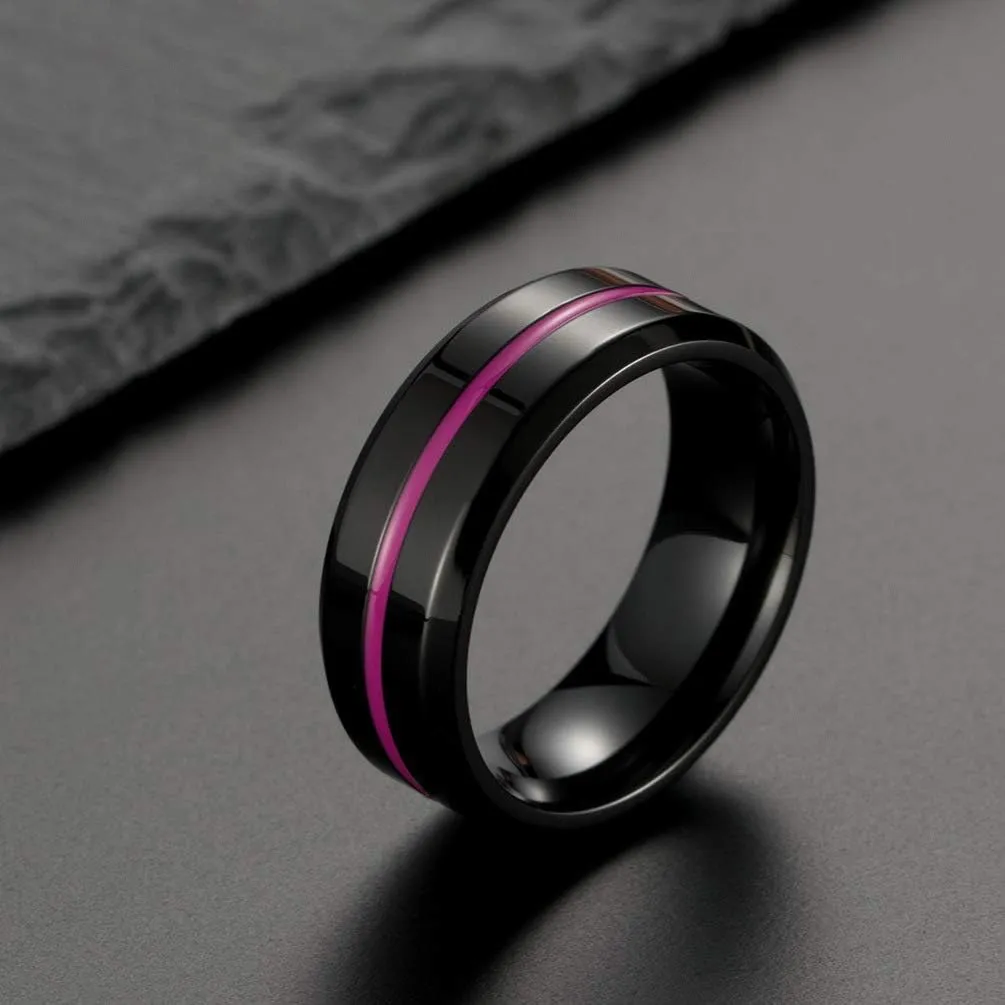 Mens 8mm Stainless Steel Channel Set Pink Epoxy Wedding Engagement Black Grooved Band Beveled Edges Ring