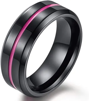 Mens 8mm Stainless Steel Channel Set Pink Epoxy Wedding Engagement Black Grooved Band Beveled Edges Ring