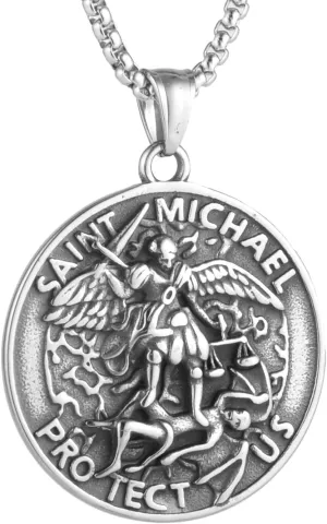 Men'S And Women'S Religious Catholic Patron Saint Archangel Michael Round Pendant Necklace, 316L Stainless Steel, Silver Stainless Steel Square Pearl Chain, Vintage Jewelry