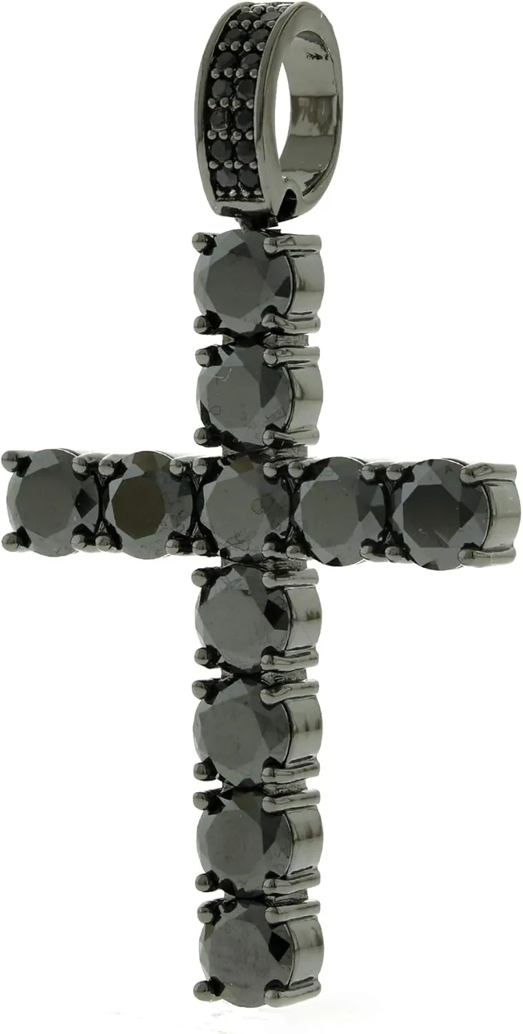 Men's Black Finish Round Cut Cubic Zirconia Cross Pendant with 1 Row Black Tennis Necklace Choker Chain 16-24 inches