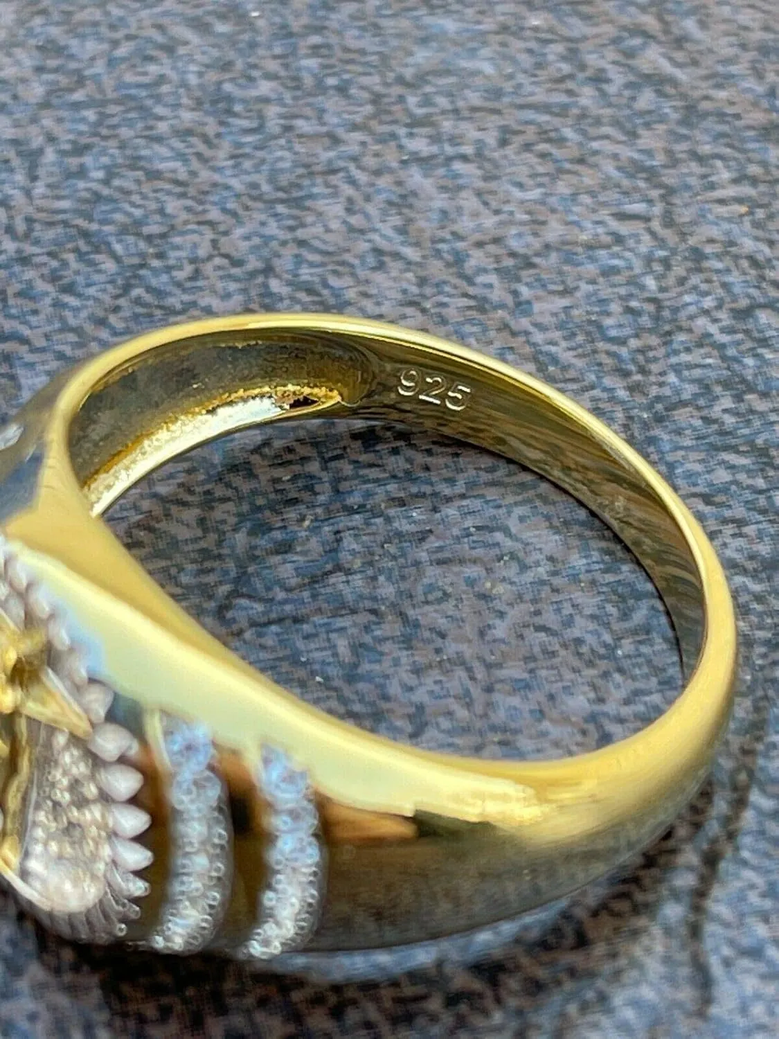 Men's Christian Ring - Two Tone Solid 925 Sterling Silver & 14k Yellow Gold Coin Ring - Plain Jesus On Cross Mens Nugget Ring - Sizes 6-13