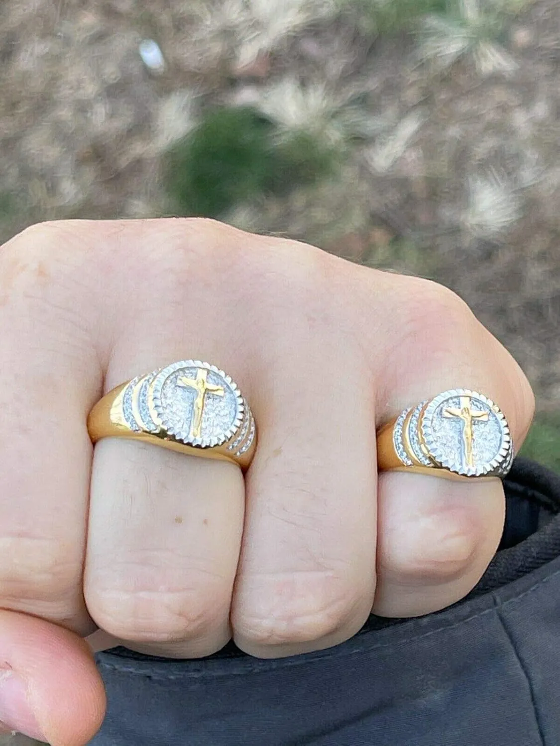 Men's Christian Ring - Two Tone Solid 925 Sterling Silver & 14k Yellow Gold Coin Ring - Plain Jesus On Cross Mens Nugget Ring - Sizes 6-13