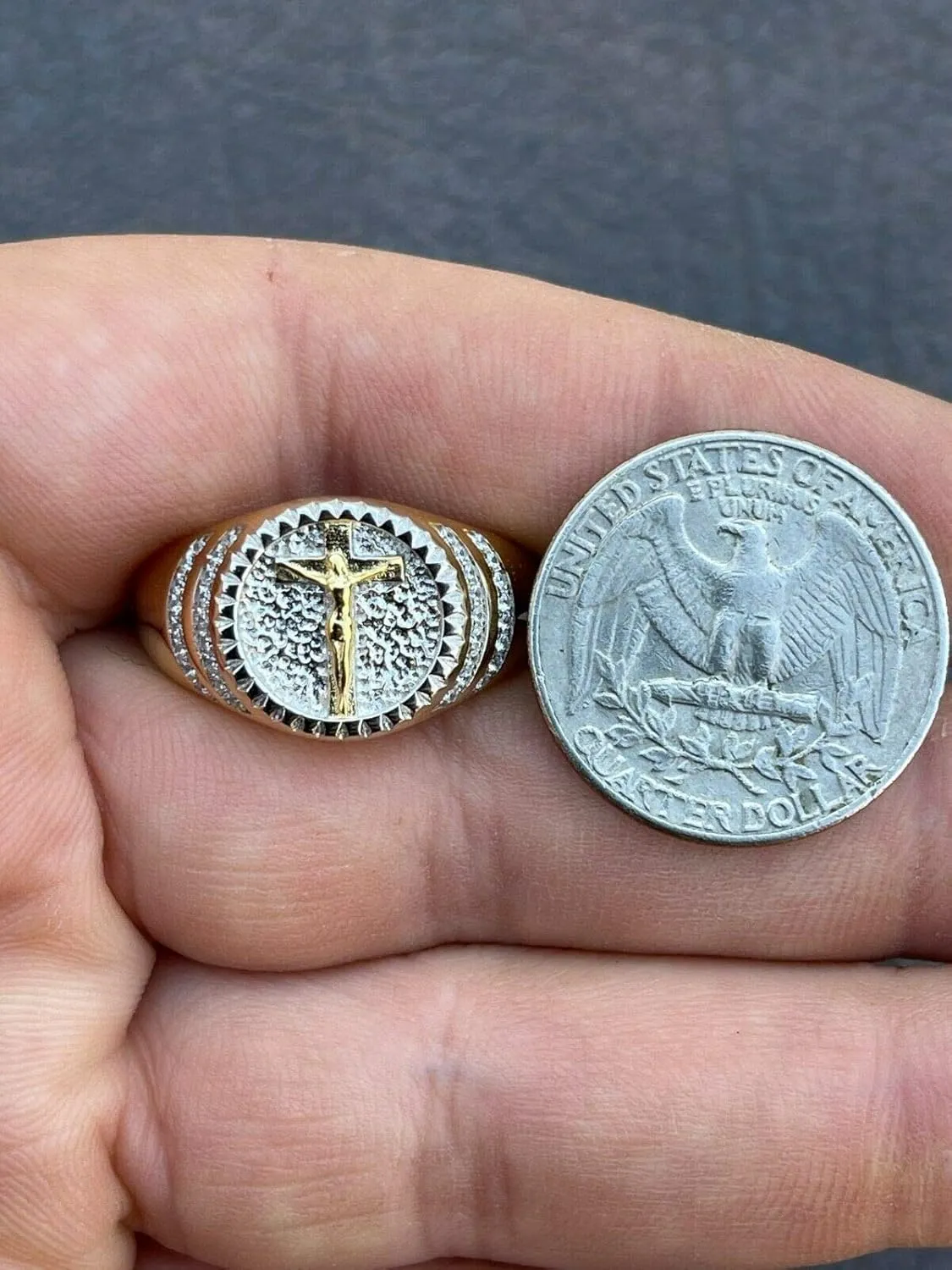 Men's Christian Ring - Two Tone Solid 925 Sterling Silver & 14k Yellow Gold Coin Ring - Plain Jesus On Cross Mens Nugget Ring - Sizes 6-13