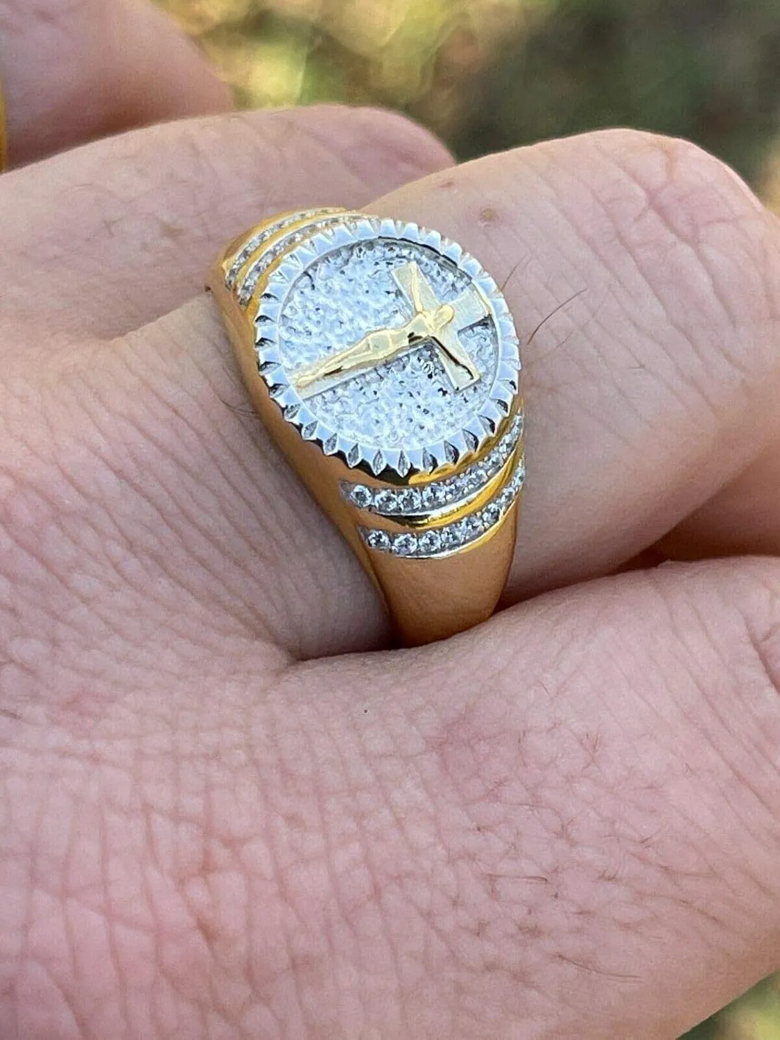 Men's Christian Ring - Two Tone Solid 925 Sterling Silver & 14k Yellow Gold Coin Ring - Plain Jesus On Cross Mens Nugget Ring - Sizes 6-13