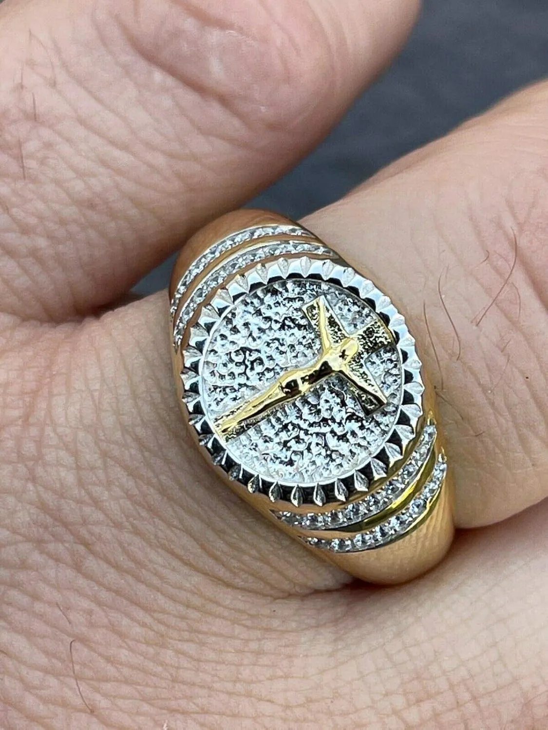 Men's Christian Ring - Two Tone Solid 925 Sterling Silver & 14k Yellow Gold Coin Ring - Plain Jesus On Cross Mens Nugget Ring - Sizes 6-13
