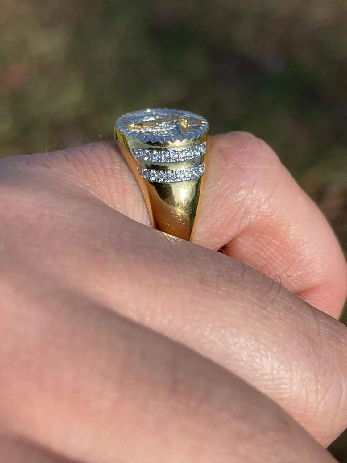 Men's Christian Ring - Two Tone Solid 925 Sterling Silver & 14k Yellow Gold Coin Ring - Plain Jesus On Cross Mens Nugget Ring - Sizes 6-13