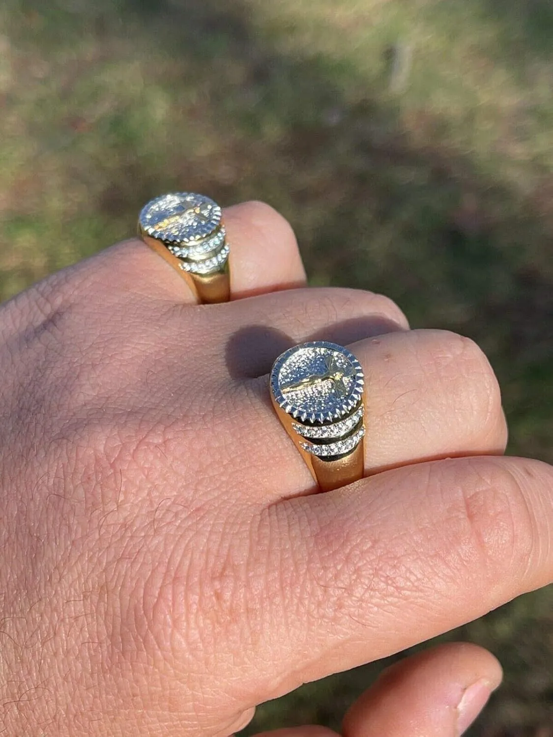 Men's Christian Ring - Two Tone Solid 925 Sterling Silver & 14k Yellow Gold Coin Ring - Plain Jesus On Cross Mens Nugget Ring - Sizes 6-13