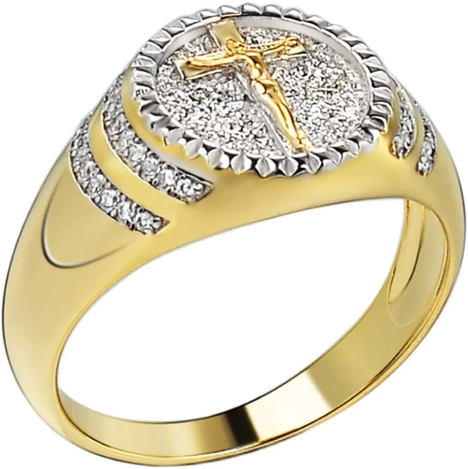 Men's Christian Ring - Two Tone Solid 925 Sterling Silver & 14k Yellow Gold Coin Ring - Plain Jesus On Cross Mens Nugget Ring - Sizes 6-13