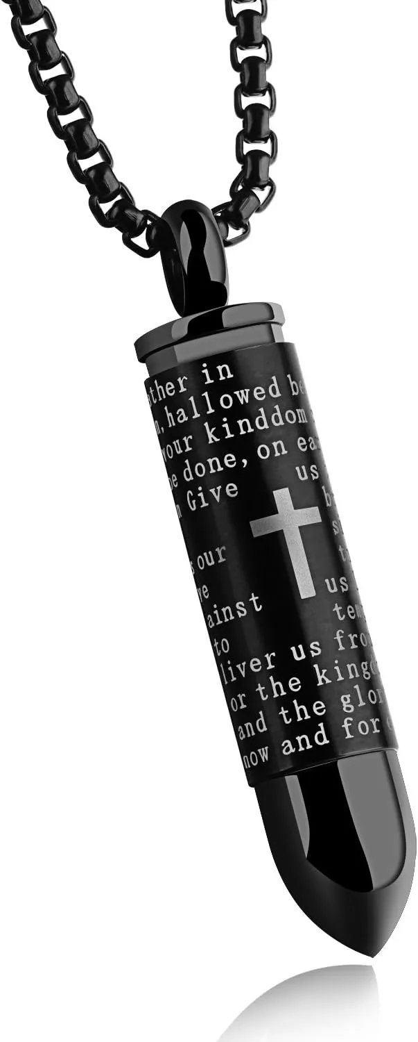 Mens Stainless Steel Holy Lord's Prayer in English Cross Bullet Pendant Necklace Urn Ashes Cremation Jewelry Silver Black Gold