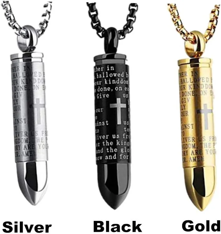 Mens Stainless Steel Holy Lord's Prayer in English Cross Bullet Pendant Necklace Urn Ashes Cremation Jewelry Silver Black Gold