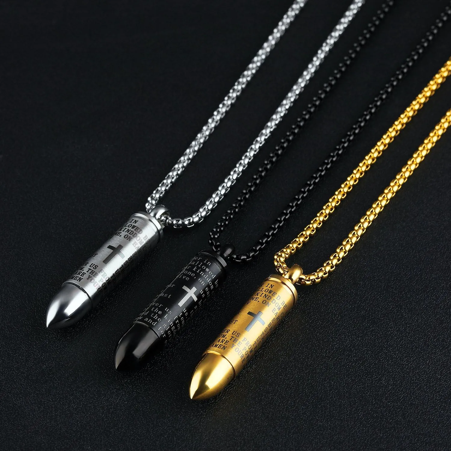 Mens Stainless Steel Holy Lord's Prayer in English Cross Bullet Pendant Necklace Urn Ashes Cremation Jewelry Silver Black Gold