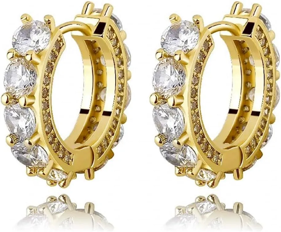 Men's Women's Elegant Fully Iced Cz Unisex Yellow Gold 925 Sterling Silver Hoops Big Stone Cubic Zirconia Hypoallergenic For Sensitive Ears Huggie Hoop Earrings Jewelry Gift For Men And Women