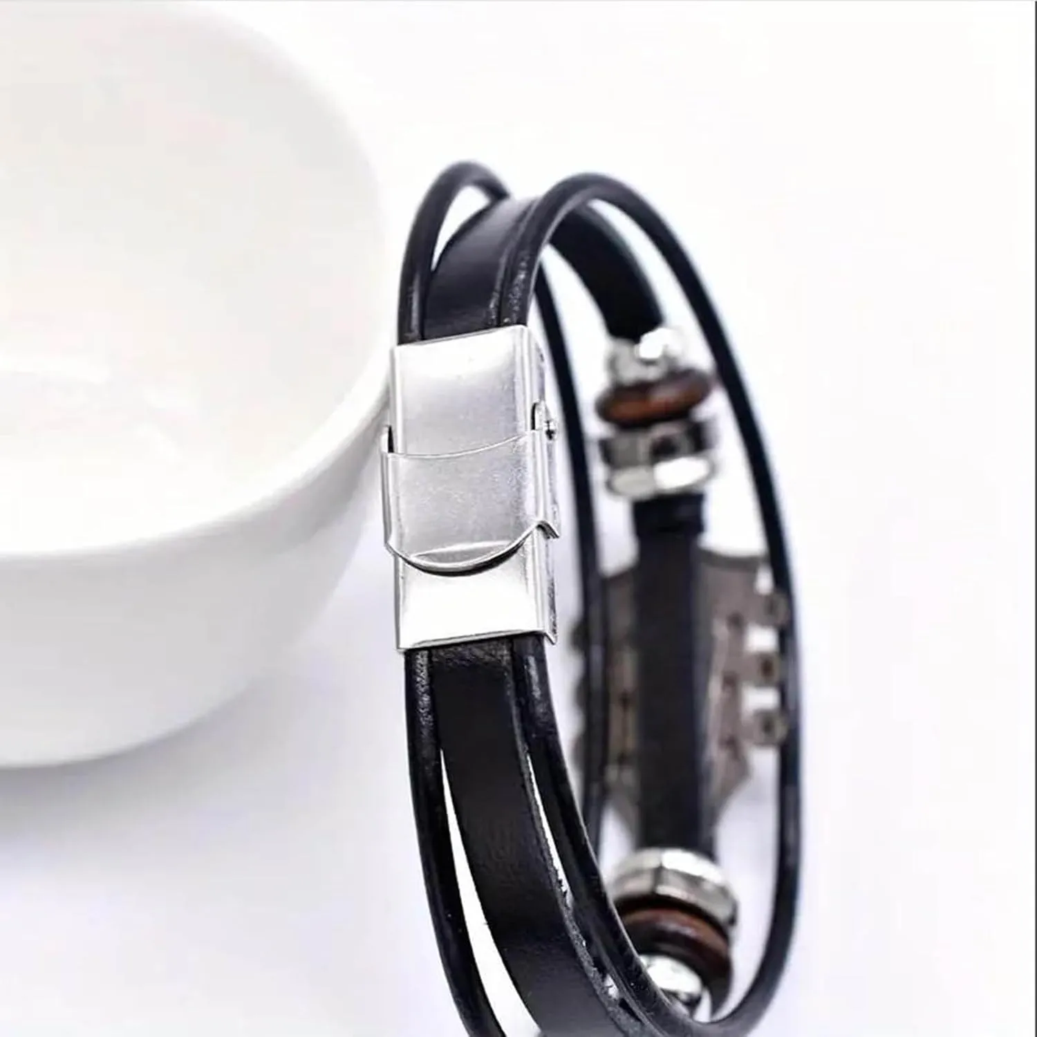 Mens Work Watch Guitar Bracelet Unique Guitar Leather Wristband With Stainless Steel Clasp Rock Compasses for