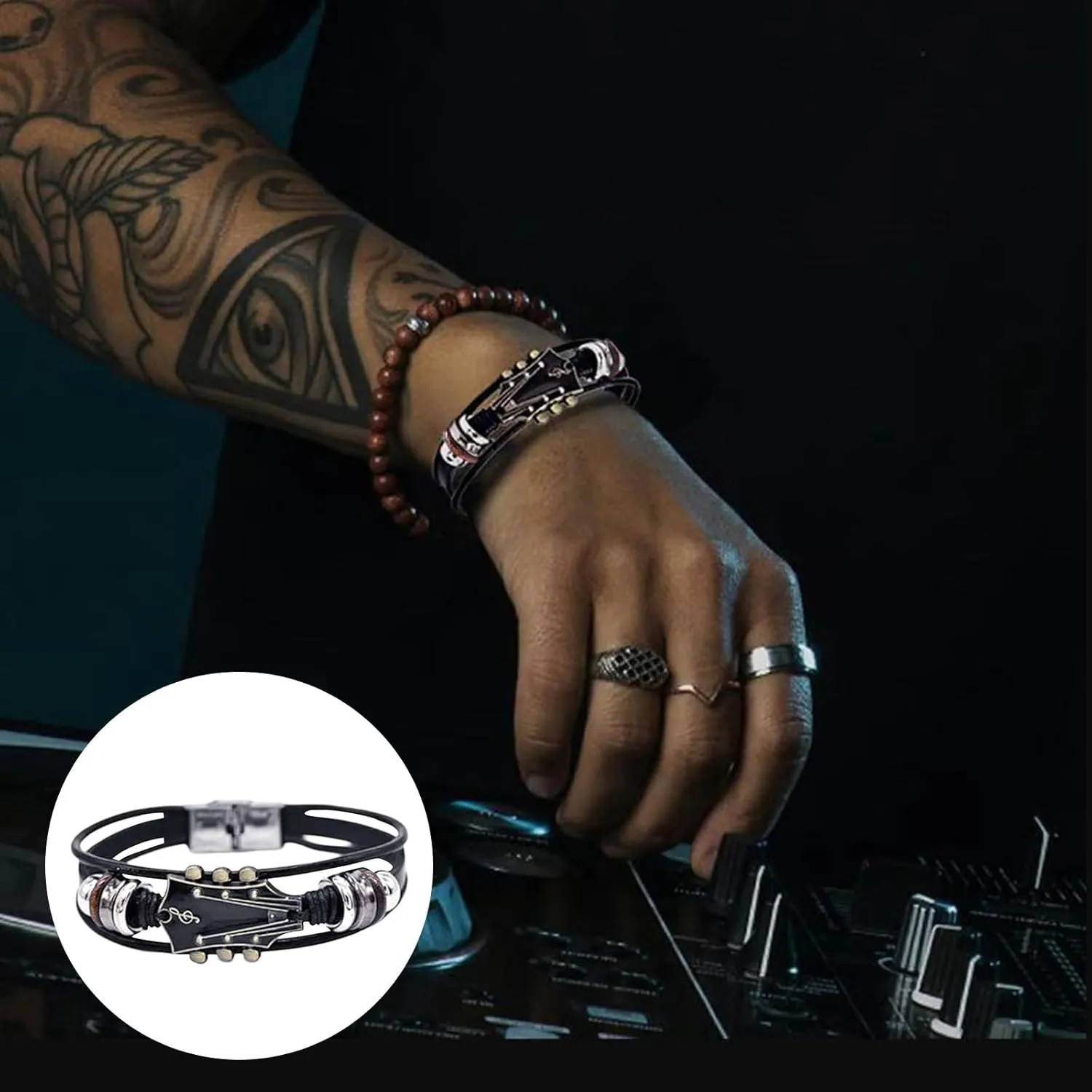 Mens Work Watch Guitar Bracelet Unique Guitar Leather Wristband With Stainless Steel Clasp Rock Compasses for