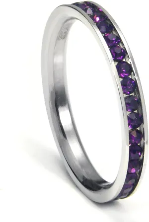 Metal Factory 316L Stainless Steel Deep Purple Cubic Zirconia CZ Eternity Wedding 3MM Band Ring