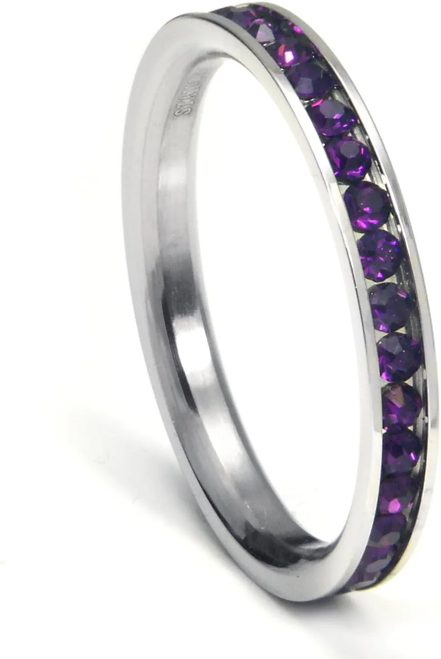 Metal Factory 316L Stainless Steel Deep Purple Cubic Zirconia CZ Eternity Wedding 3MM Band Ring