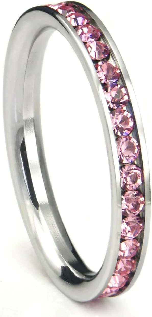 Metal Factory 316L Stainless Steel Pink Cubic Zirconia CZ Eternity Wedding 3MM Band Ring