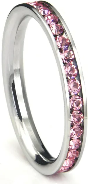 Metal Factory 316L Stainless Steel Pink Cubic Zirconia CZ Eternity Wedding 3MM Band Ring