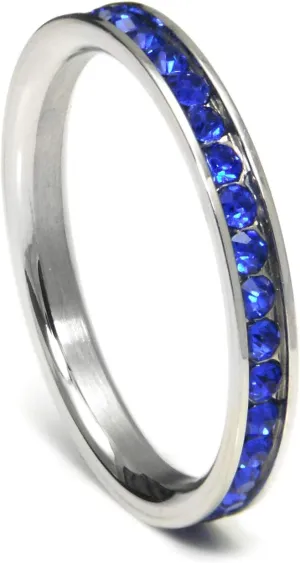 Metal Factory 316L Stainless Steel Royal Blue Cubic Zirconia CZ Eternity Wedding 3MM Band Ring