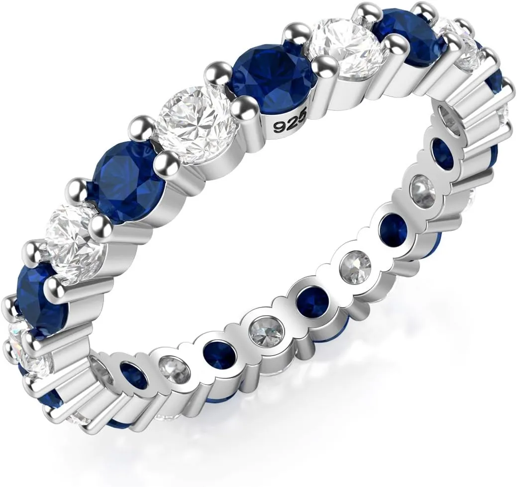 Metal Factory 3.50MM Sterling Silver 925 White & Blue CZ Eternity Engagement Wedding Band Ring