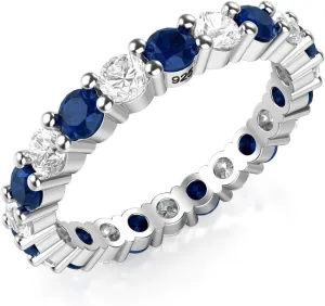 Metal Factory 3.50MM Sterling Silver 925 White & Blue CZ Eternity Engagement Wedding Band Ring