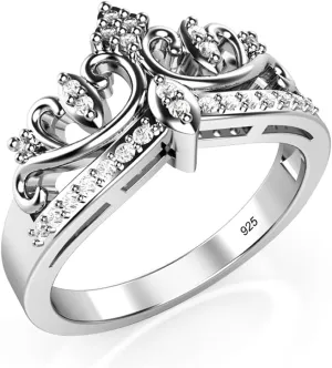 Metal Factory 925 Sterling Silver Cubic Zirconia Princess Crown Tiara CZ Band Ring