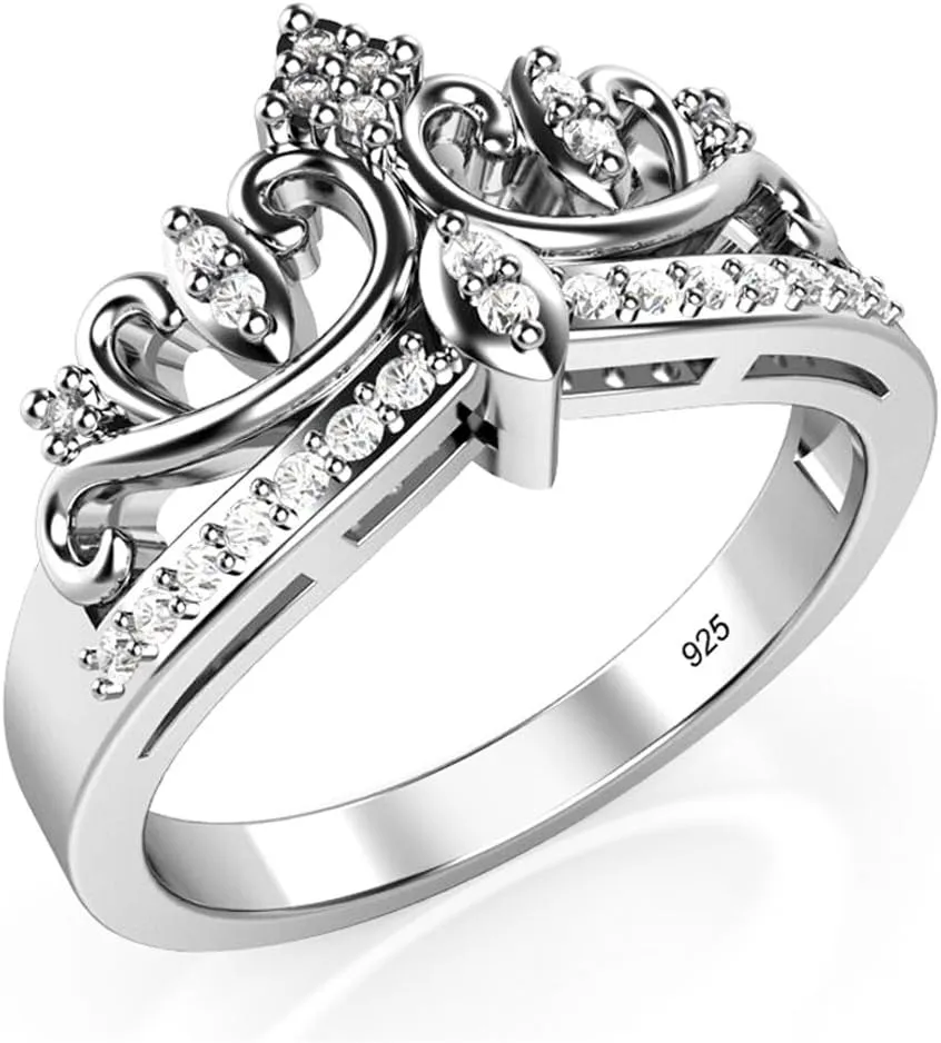 Metal Factory 925 Sterling Silver Cubic Zirconia Princess Crown Tiara CZ Band Ring