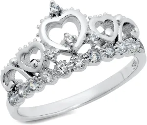 Metal Factory 925 Sterling Silver Cubic Zirconia Princess Heart Crown Tiara CZ Band Ring