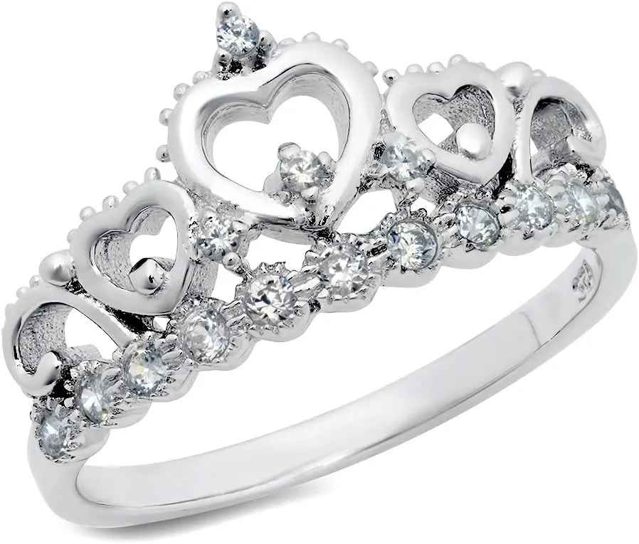 Metal Factory 925 Sterling Silver Cubic Zirconia Princess Heart Crown Tiara CZ Band Ring