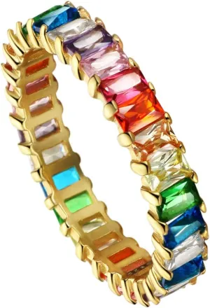 Michooyel Sterling Silver Eternity Rainbow Ring Band Ring for Women 18K Gold Plated Baguette Multicolor Cubic Zirconia Eternity Ring