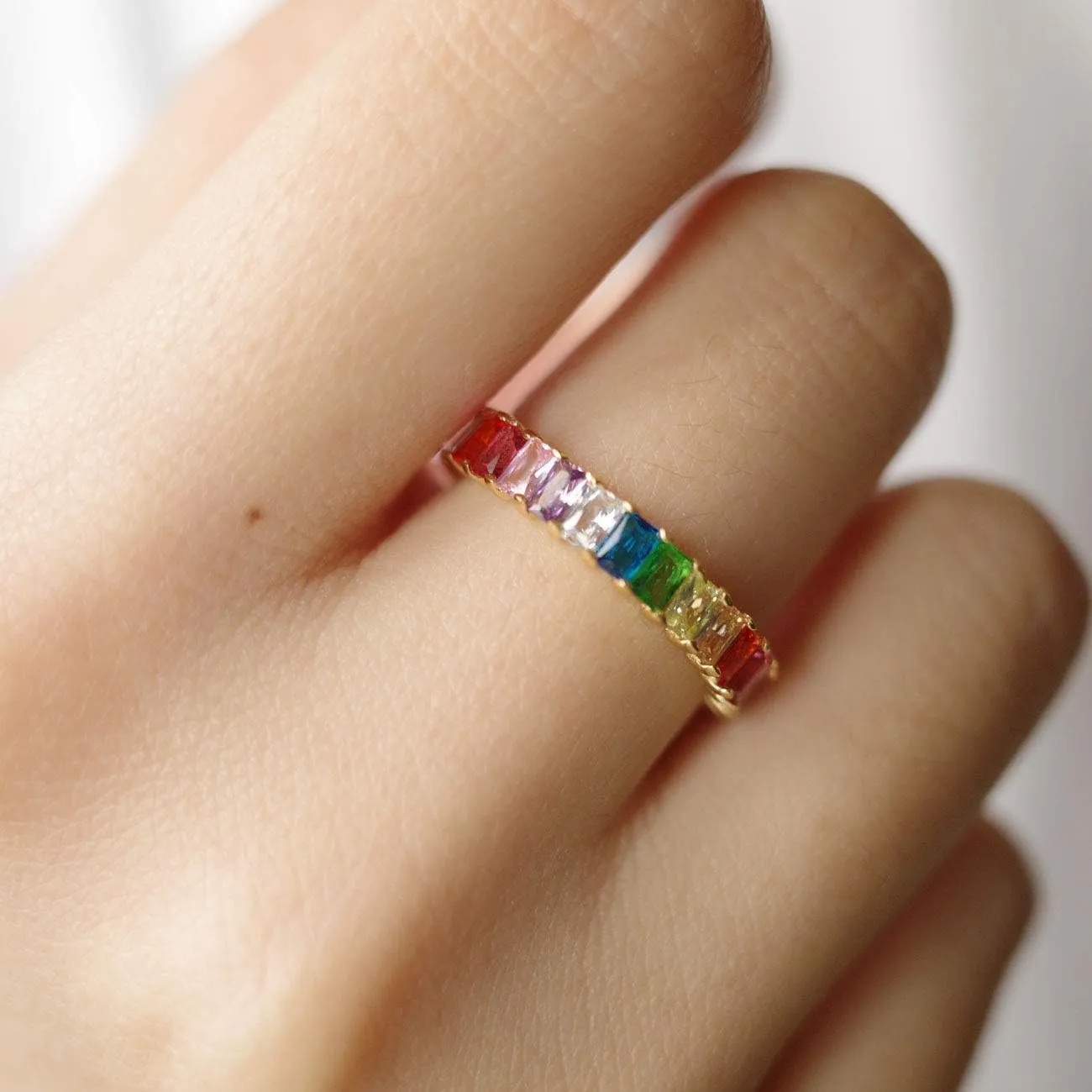 Michooyel Sterling Silver Eternity Rainbow Ring Band Ring for Women 18K Gold Plated Baguette Multicolor Cubic Zirconia Eternity Ring