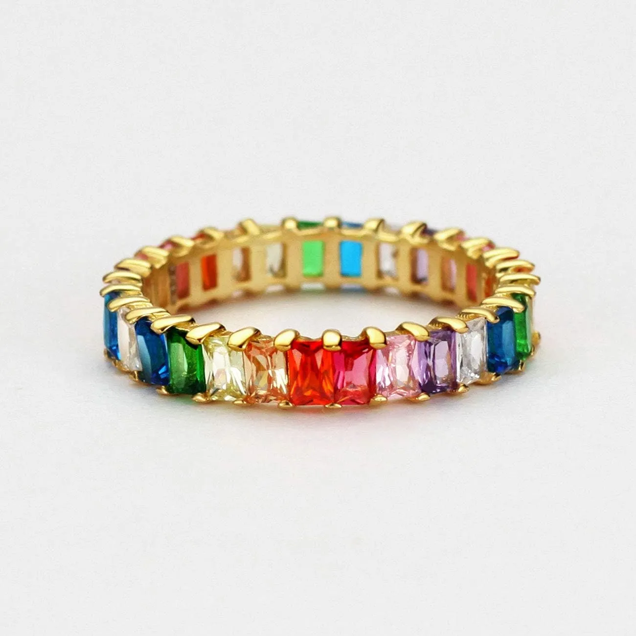 Michooyel Sterling Silver Eternity Rainbow Ring Band Ring for Women 18K Gold Plated Baguette Multicolor Cubic Zirconia Eternity Ring