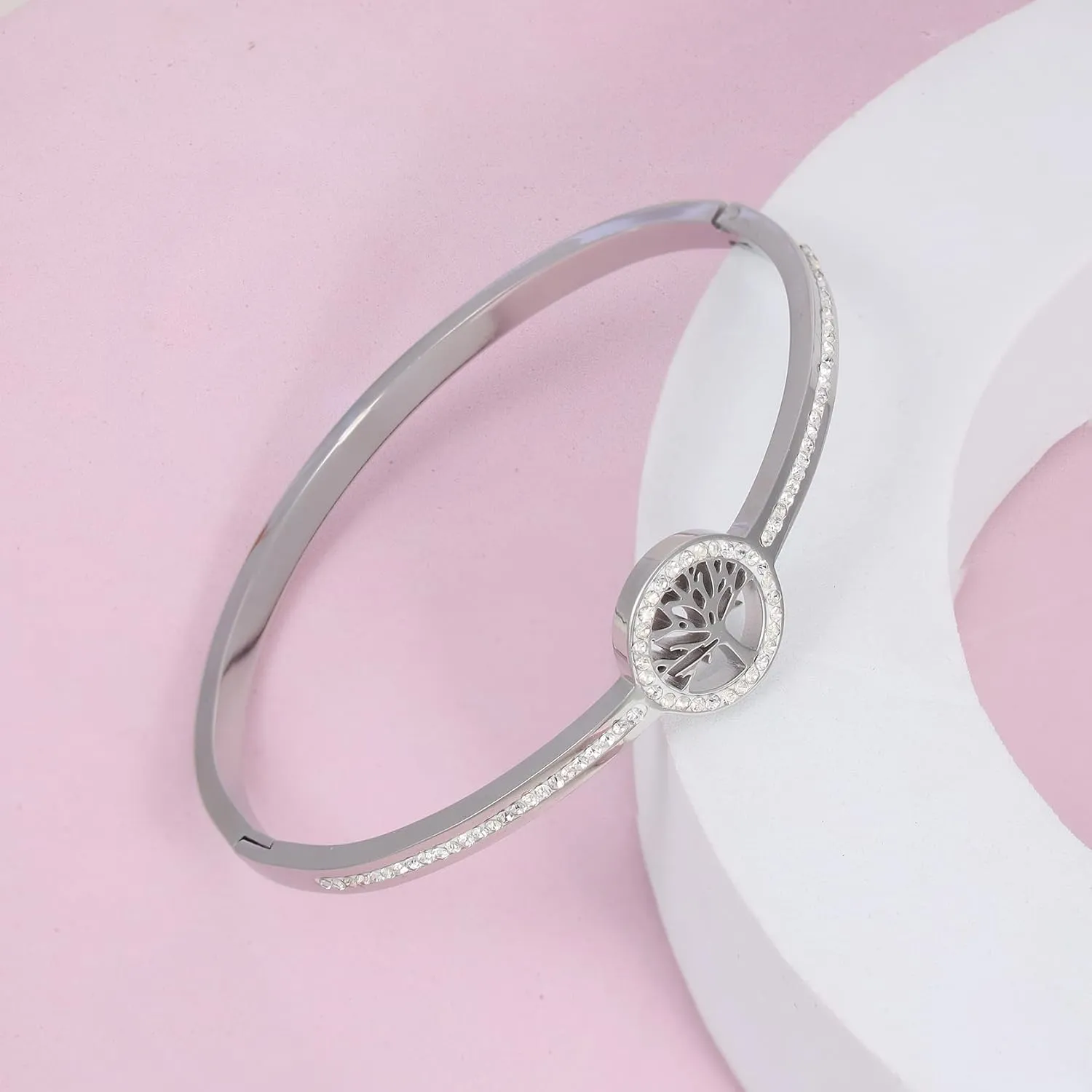 MILAKOO 6mm Lucky Tree of Life Bangle Bracelt for Women Stainless Steel Cuff Cubic Zirconia Wrisrband