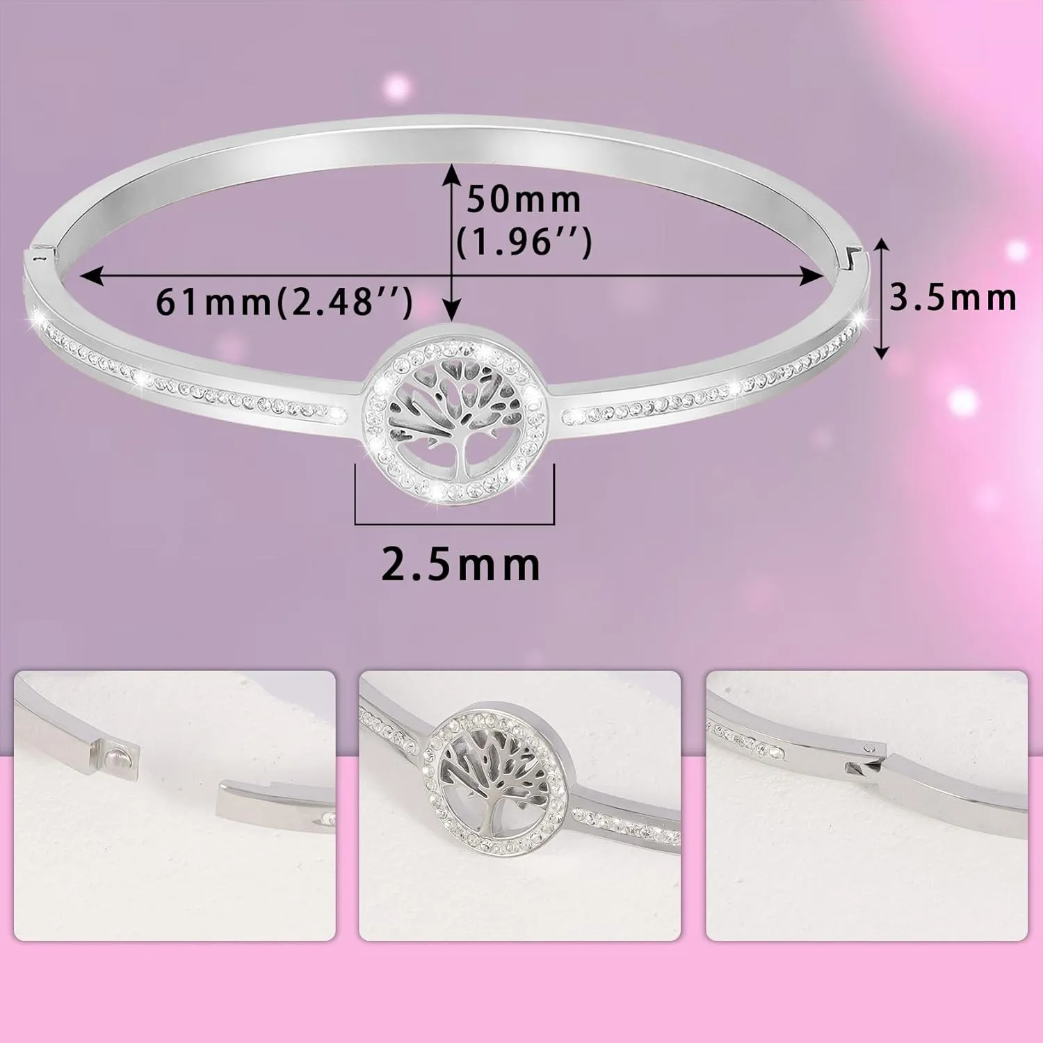 MILAKOO 6mm Lucky Tree of Life Bangle Bracelt for Women Stainless Steel Cuff Cubic Zirconia Wrisrband