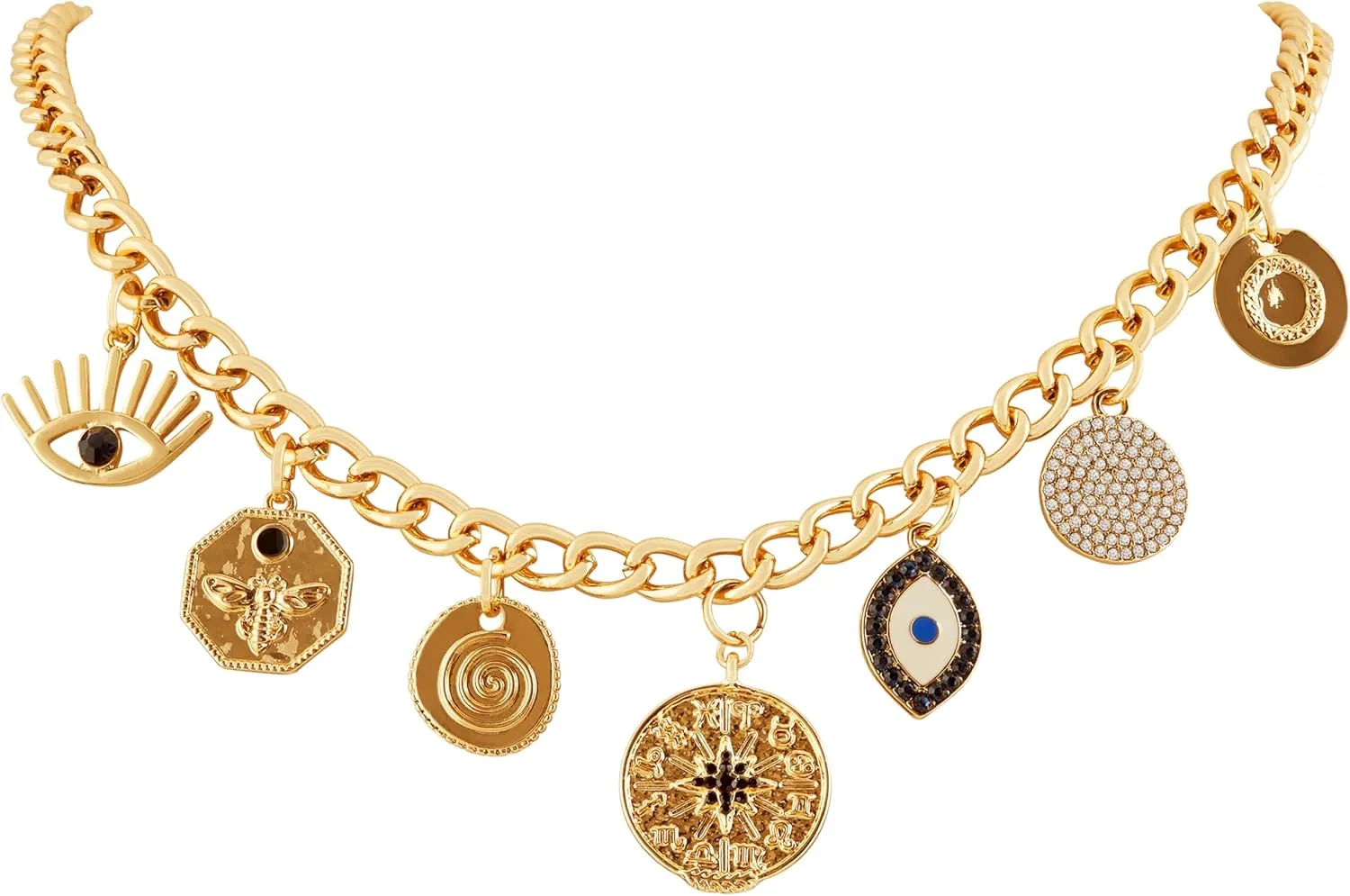 MINACHI Multi Layer Chain Necklace, Evil Eye and Round Tag Charms, Retro Ethnic Chunky Jewelry for Women