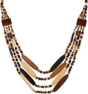 MINACHI Vintage Retro Wooden Beaded Multi Layered Long Necklace with Earrings Bonus Gift, Women's Jewelry, Holiday Accessories