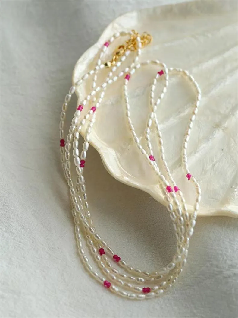 Mini Pearl and Ruby Long Beaded Necklace