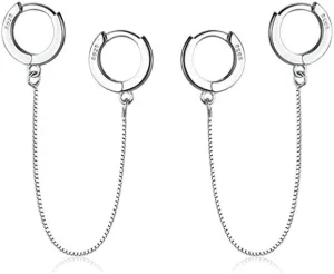 Minimalist Real 925 Sterling Silver Chain Double Small Huggie Hoop Earrings Slave Threader Tassel Long Dangle Drop for Two Ear Holes Women Men Teens Cartilage Helix Cartilage Slave Personalized Cuff Ear Climber Gifts Jewelry