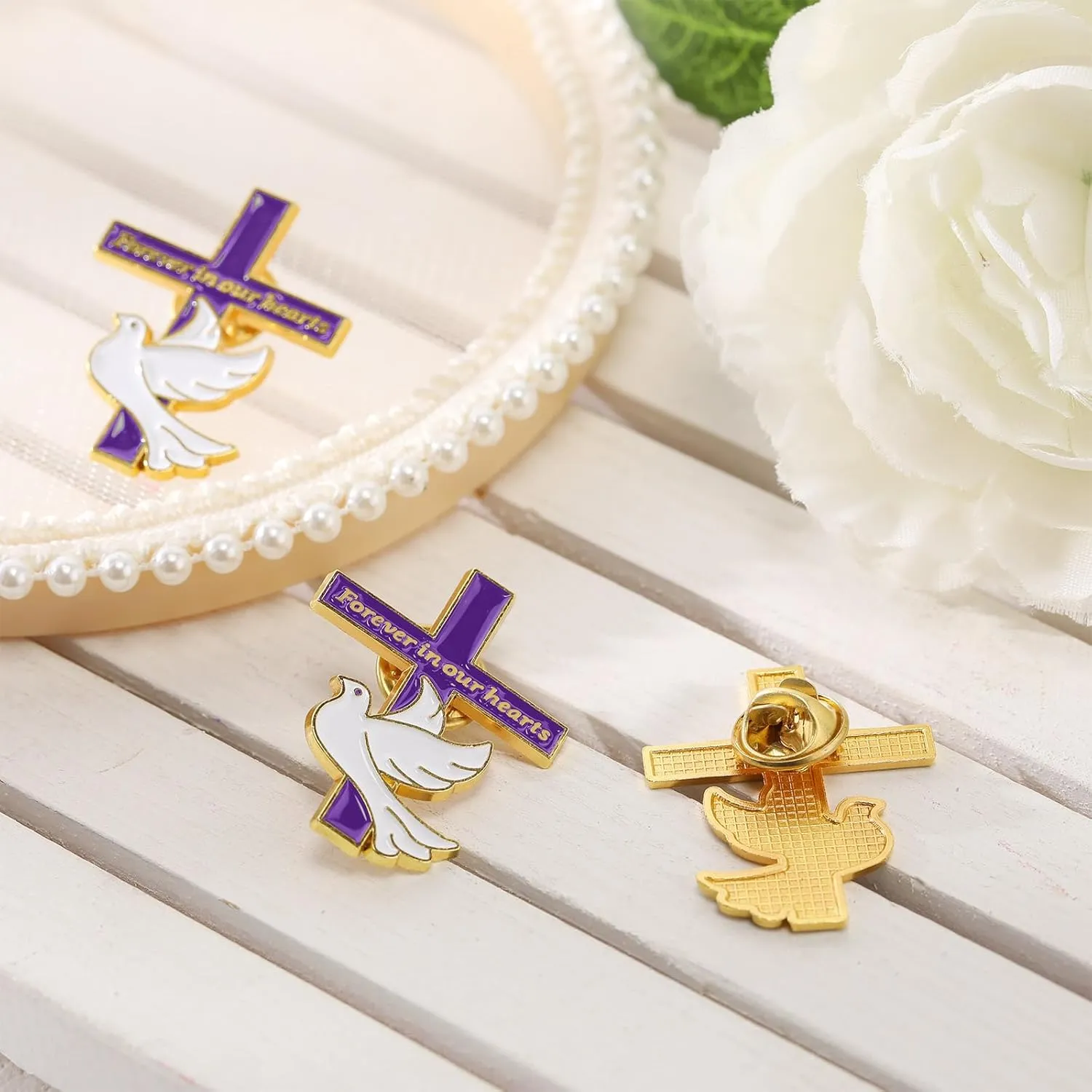 Misdary Funeral Favors for Guests Memorial Cross Dove Pins bulk Forever in Our Hearts Lapel Pin for Mourning Remembrance Day