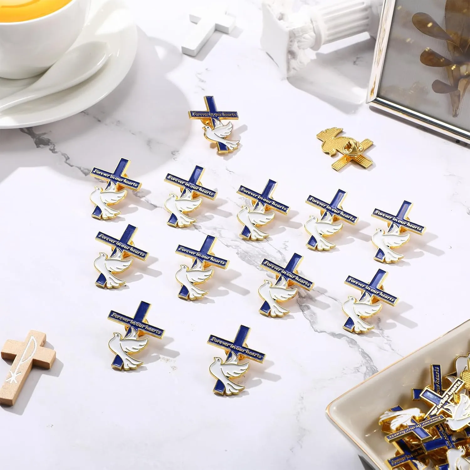 Misdary Funeral Favors for Guests Memorial Cross Dove Pins bulk Forever in Our Hearts Lapel Pin for Mourning Remembrance Day