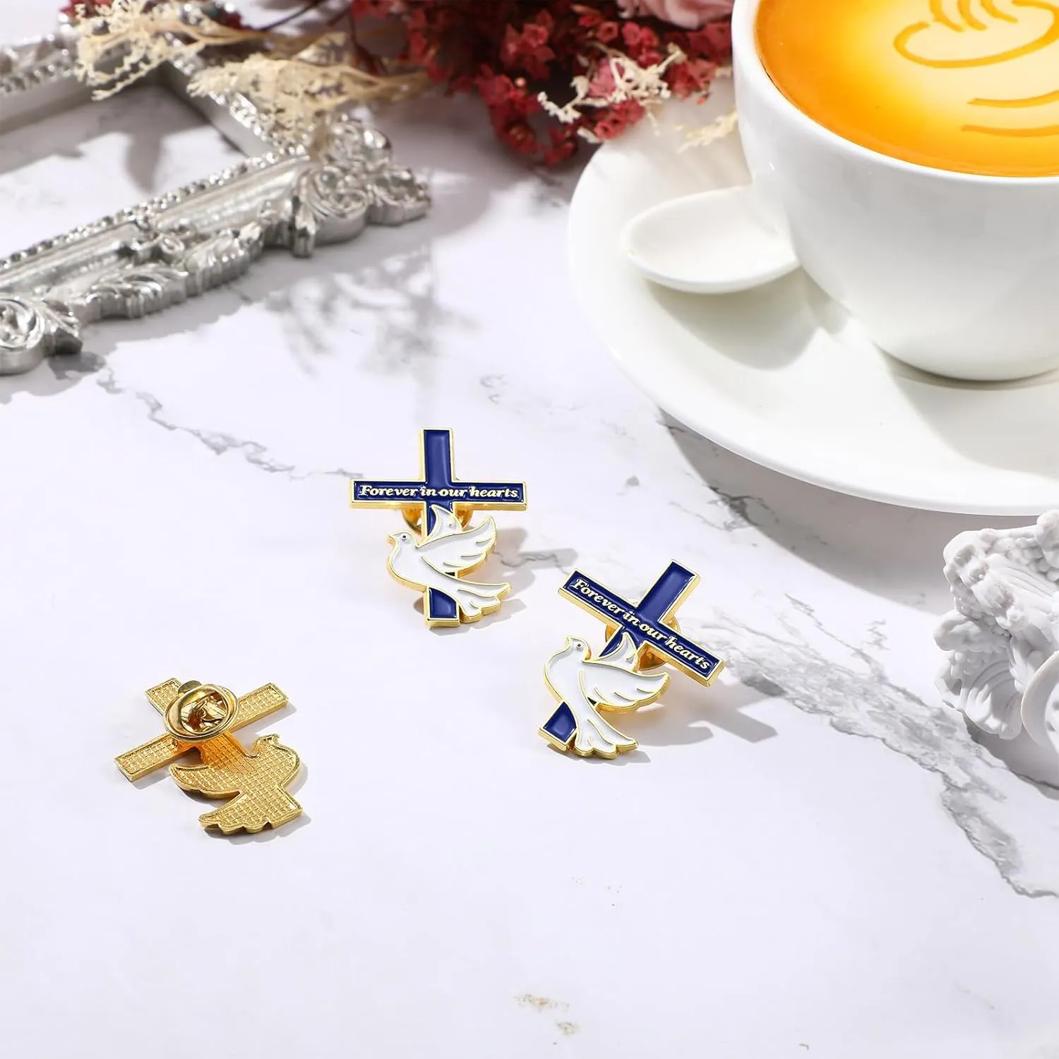 Misdary Funeral Favors for Guests Memorial Cross Dove Pins bulk Forever in Our Hearts Lapel Pin for Mourning Remembrance Day