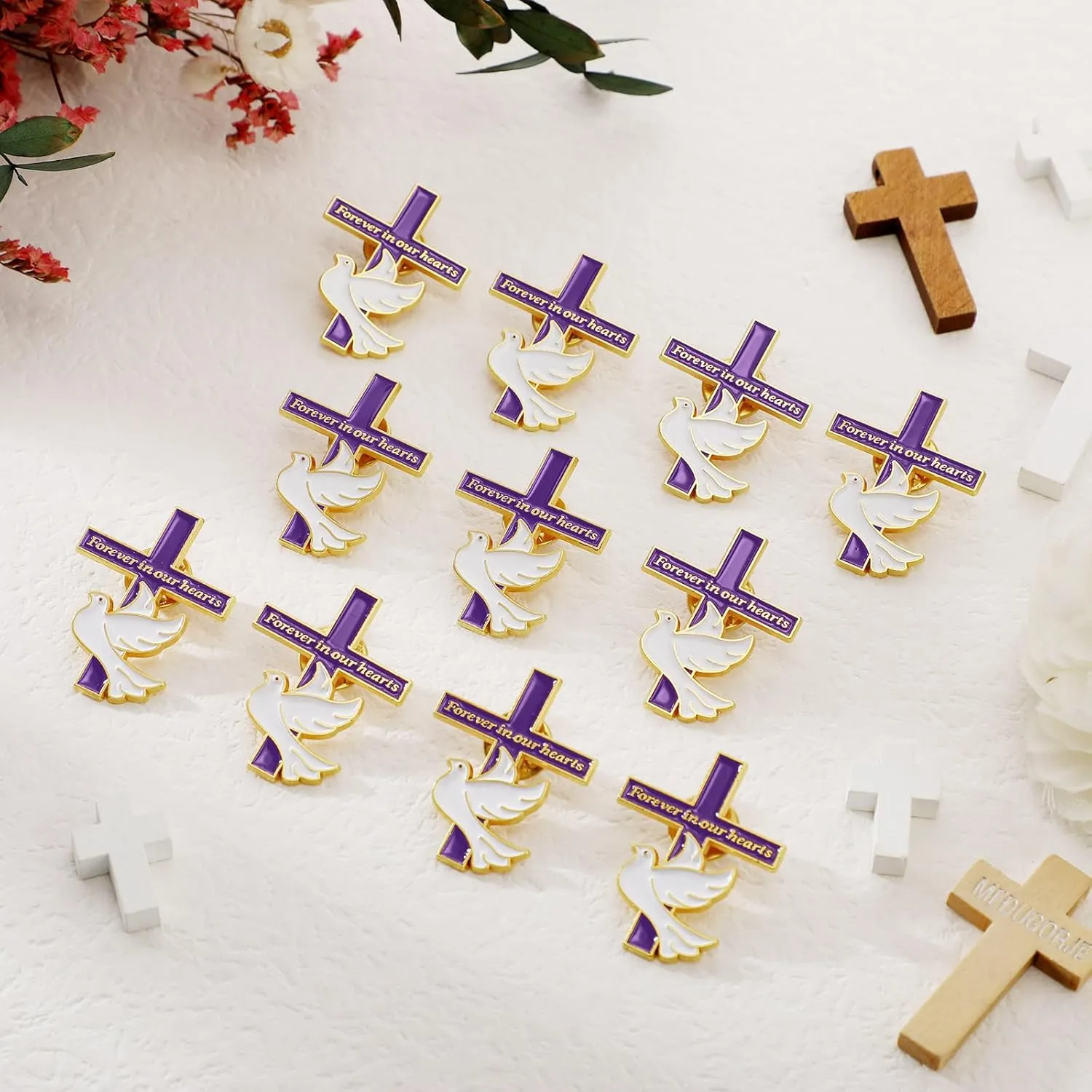 Misdary Funeral Favors for Guests Memorial Cross Dove Pins bulk Forever in Our Hearts Lapel Pin for Mourning Remembrance Day