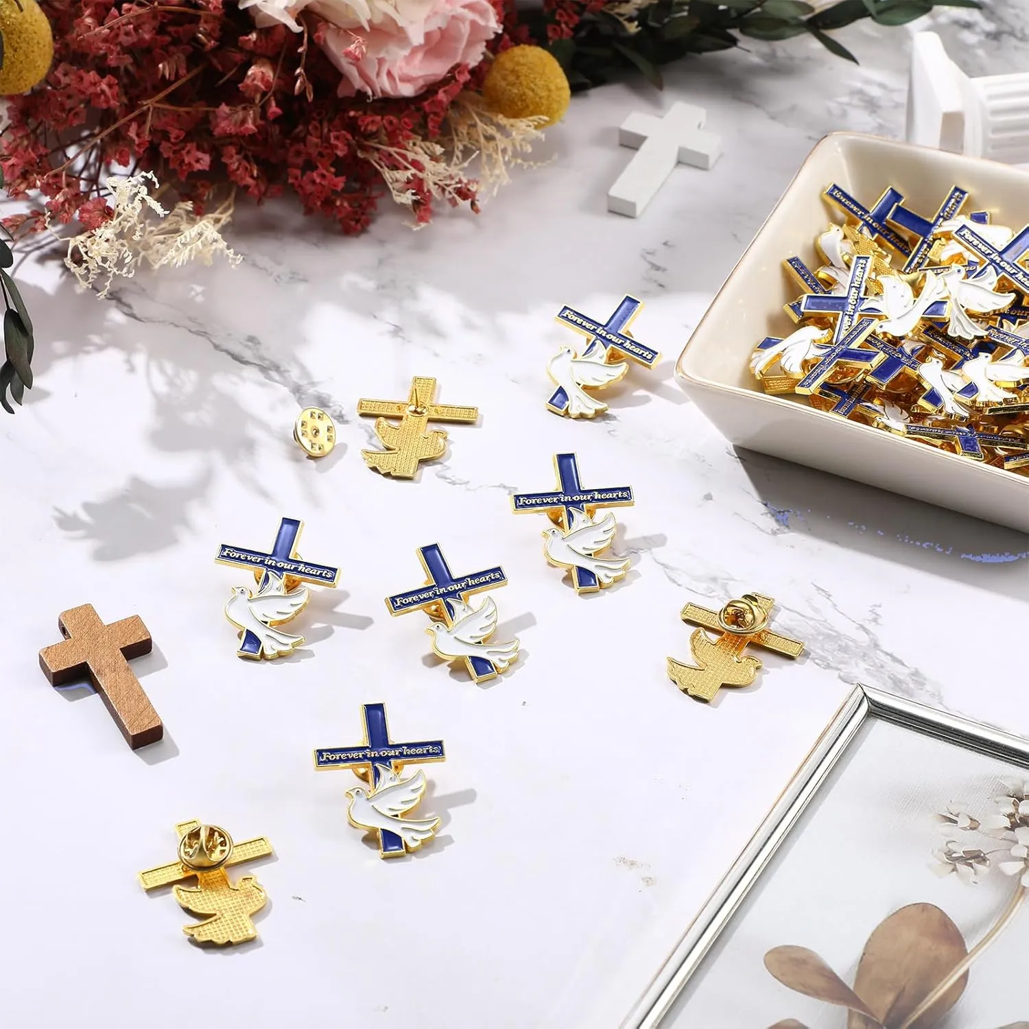 Misdary Funeral Favors for Guests Memorial Cross Dove Pins bulk Forever in Our Hearts Lapel Pin for Mourning Remembrance Day