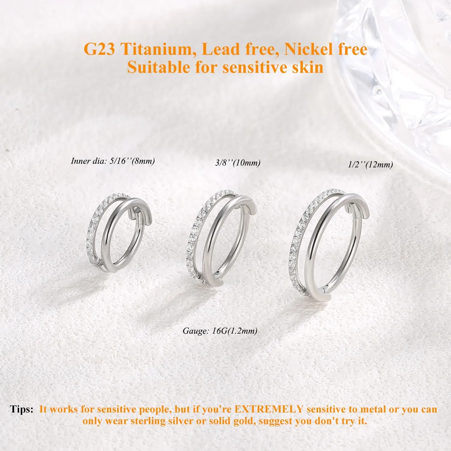 MissNity G23 Titanium Cartilage Earring Hoop Stacked Clicker, 16G 8mm CZ Double Nostril Septum Rings Piercing Jewelry Tragus Rook Daith Helix Earrings Nose Rings Hoops for Women Men