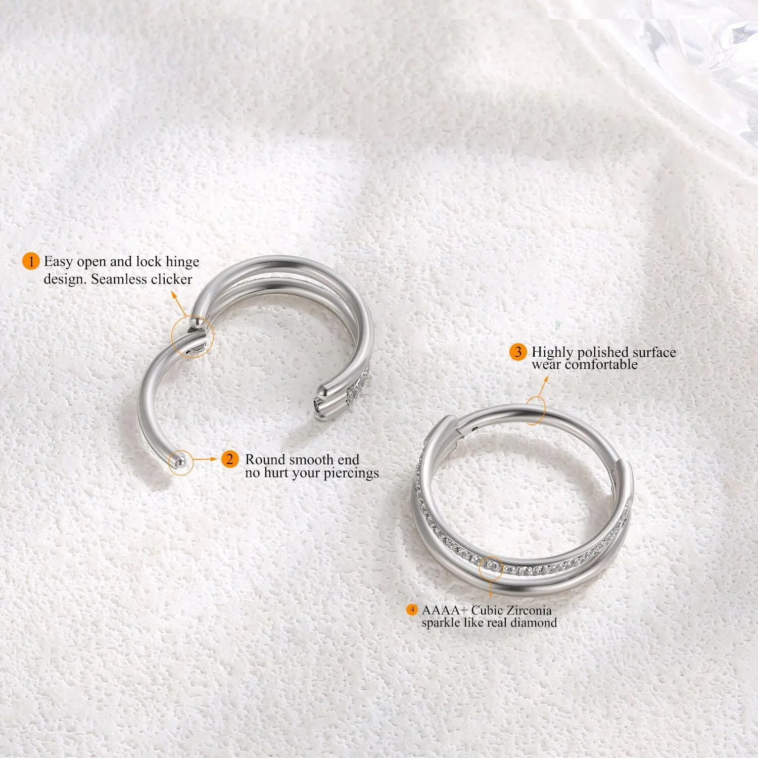 MissNity G23 Titanium Cartilage Earring Hoop Stacked Clicker, 16G 8mm CZ Double Nostril Septum Rings Piercing Jewelry Tragus Rook Daith Helix Earrings Nose Rings Hoops for Women Men