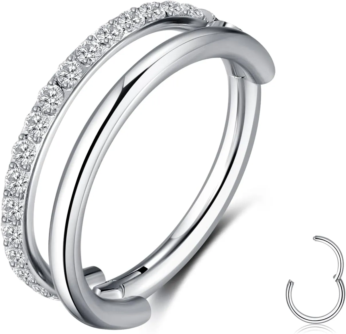 MissNity G23 Titanium Cartilage Earring Hoop Stacked Clicker, 16G 8mm CZ Double Nostril Septum Rings Piercing Jewelry Tragus Rook Daith Helix Earrings Nose Rings Hoops for Women Men
