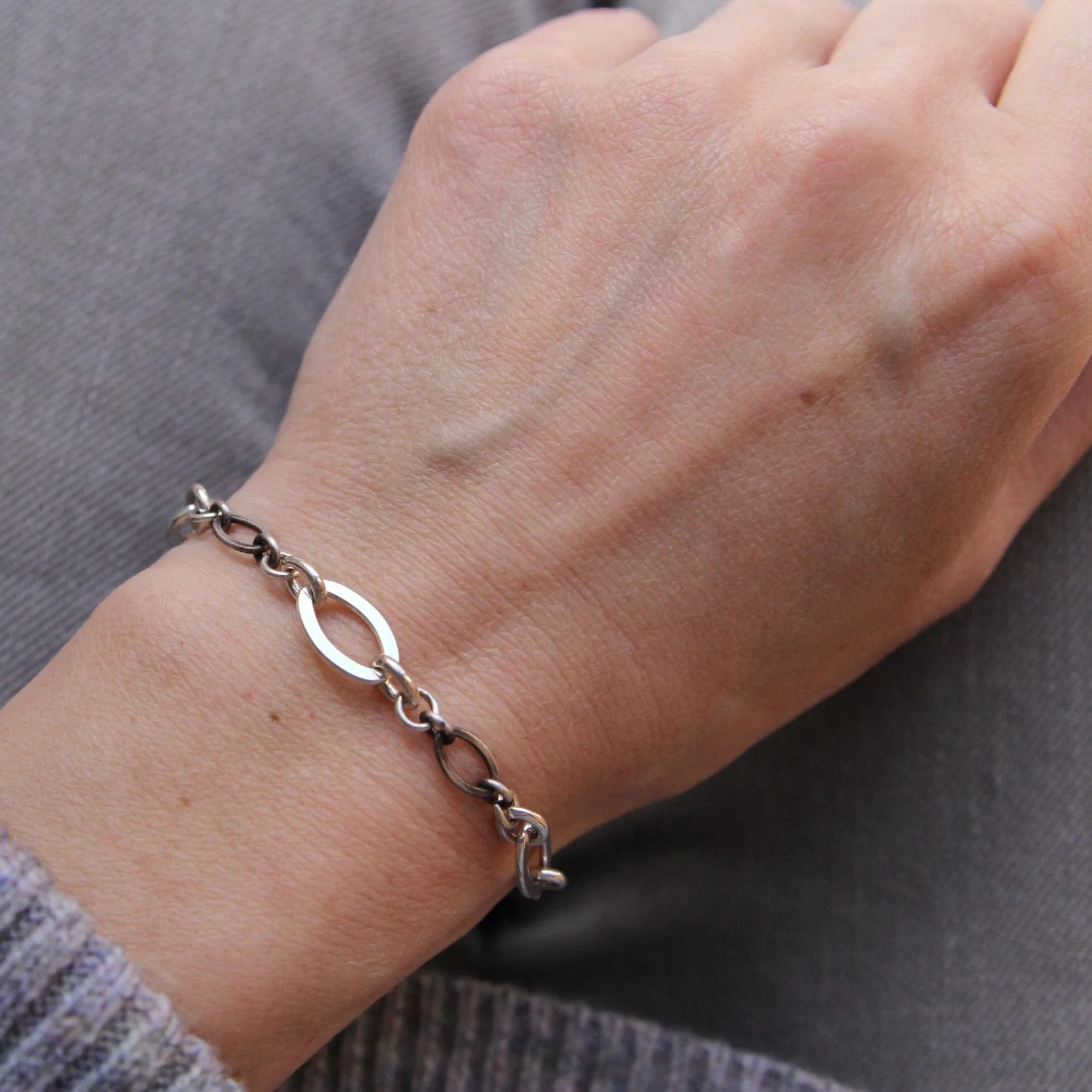 Mixed Oxidized & Shiny Link Sterling Silver Bracelet