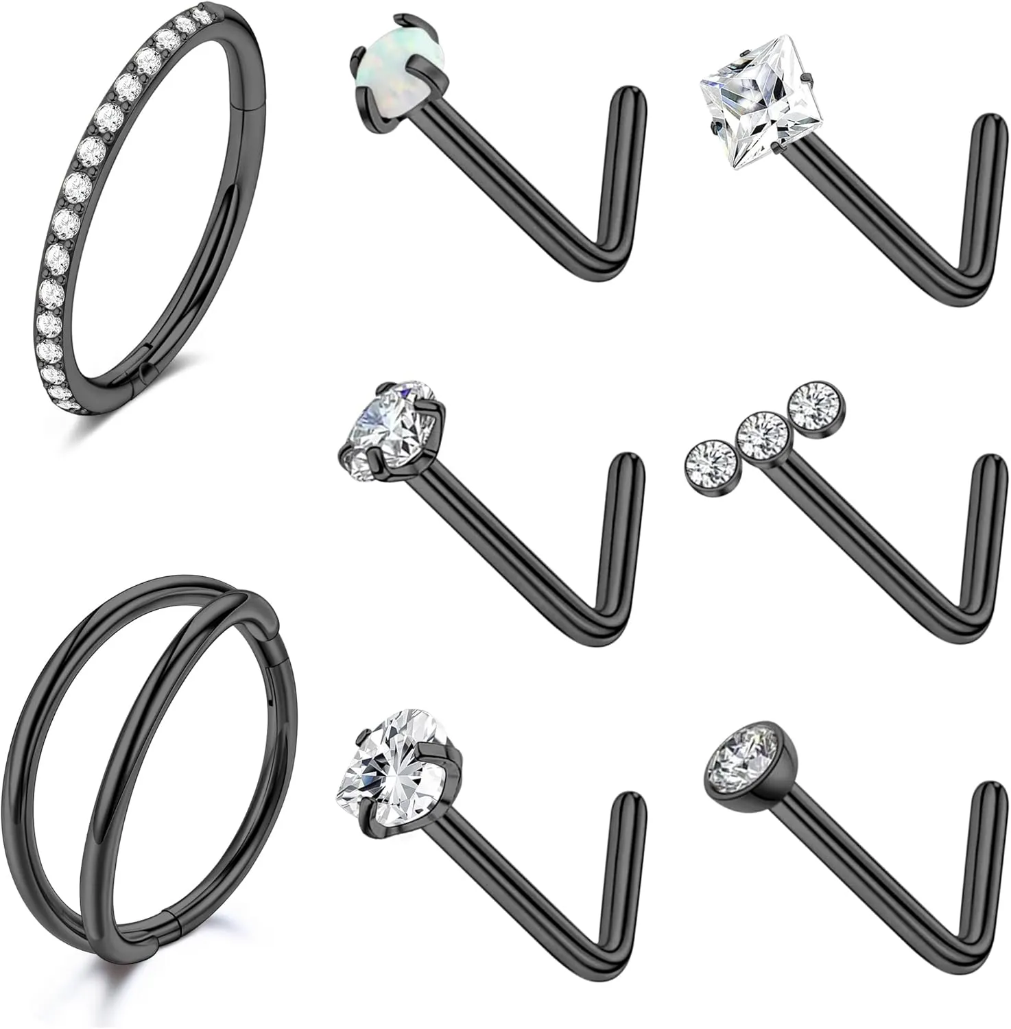 MJust Titanium Nose Ring Set, 18G Hypoallergenic L Shaped and Hoop Nose Stud Rings for Women & Men.