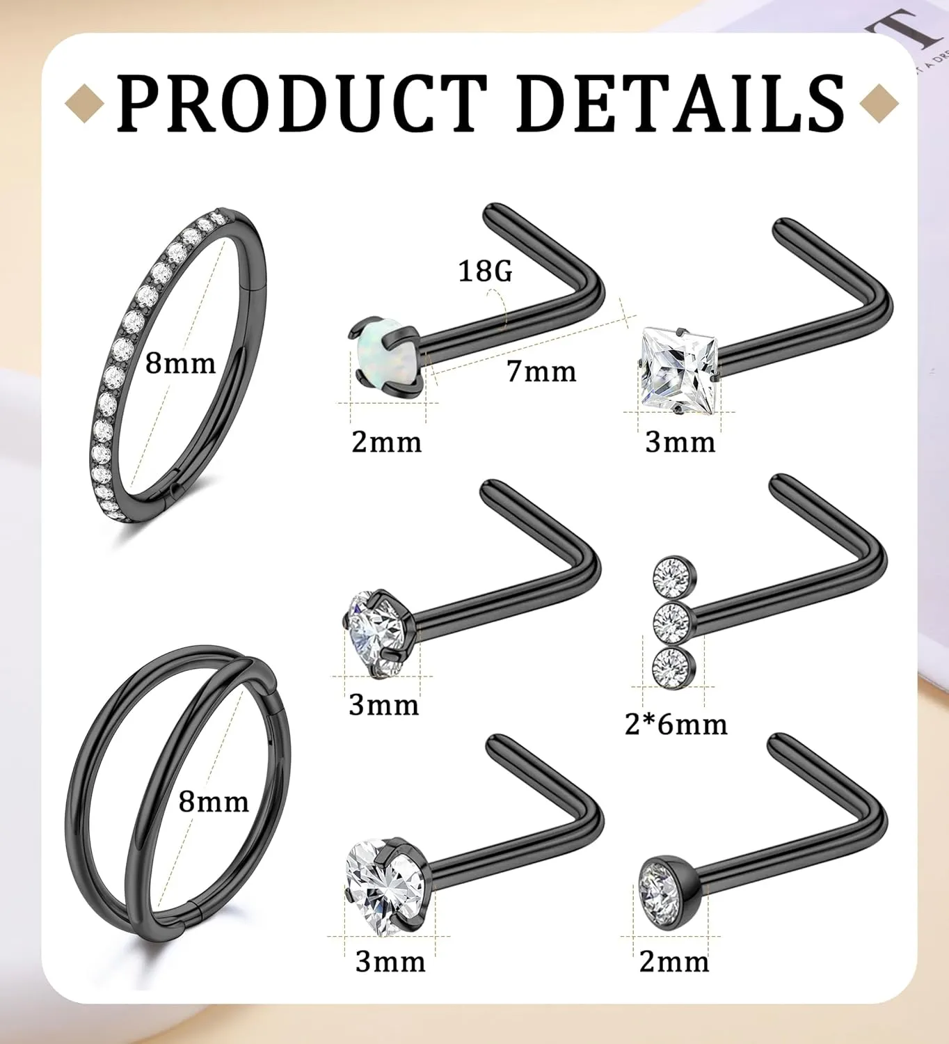 MJust Titanium Nose Ring Set, 18G Hypoallergenic L Shaped and Hoop Nose Stud Rings for Women & Men.